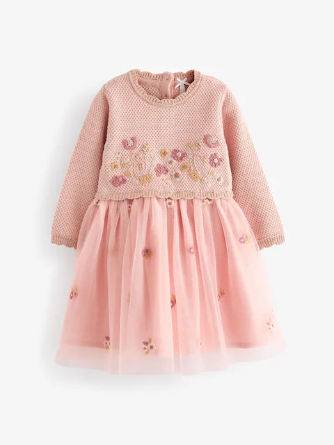 Pink 2-in-1 Occasion Long Sleeve Knitted Jumper Dress