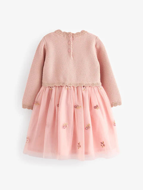Pink 2-in-1 Occasion Long Sleeve Knitted Jumper Dress