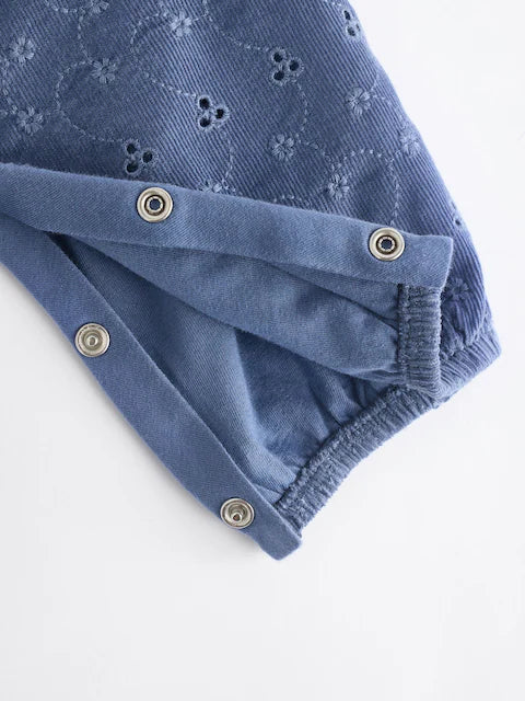 Navy Blue Broderie Baby Corduroy 100% Cotton Dungarees and Long Sleeve