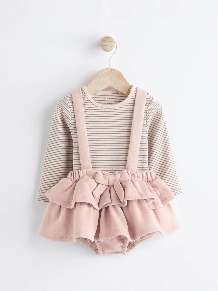 Pink/Black/White Baby Tiered Skirt Long Sleeve Bodysuit and Tights