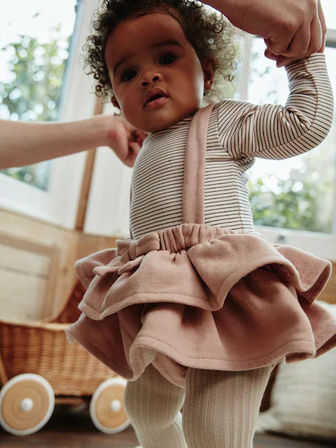 Pink/Black/White Baby Tiered Skirt Long Sleeve Bodysuit and Tights