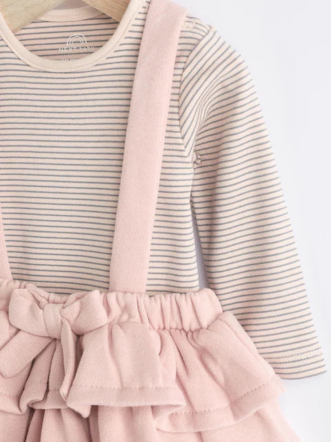Pink/Black/White Baby Tiered Skirt Long Sleeve Bodysuit and Tights