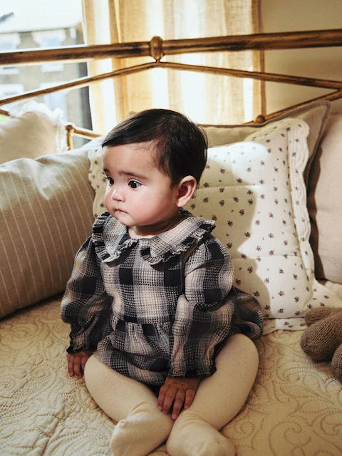 Grey/White Check Baby Bloomer Romper with Tights Set