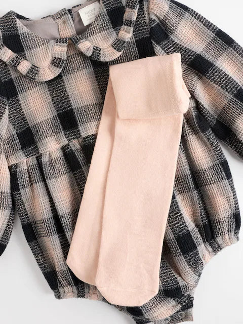 Grey/White Check Baby Bloomer Romper with Tights Set