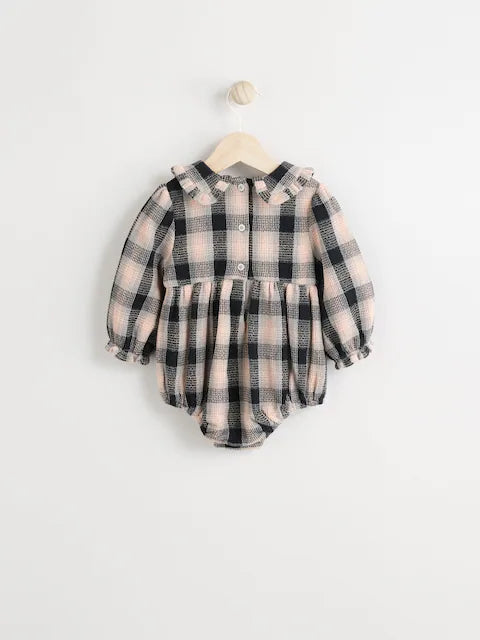 Grey/White Check Baby Bloomer Romper with Tights Set