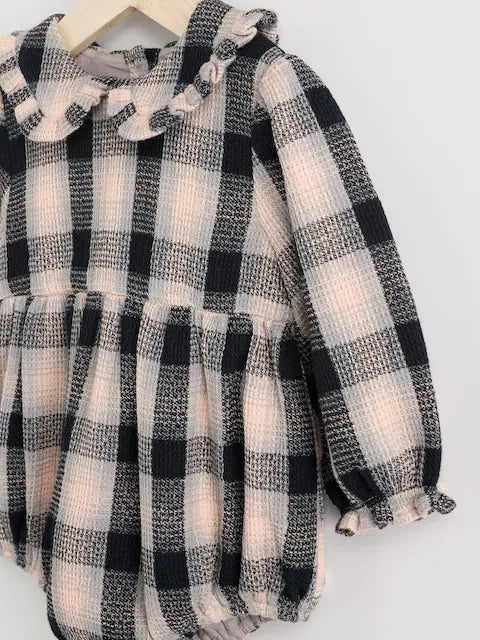 Grey/White Check Baby Bloomer Romper with Tights Set