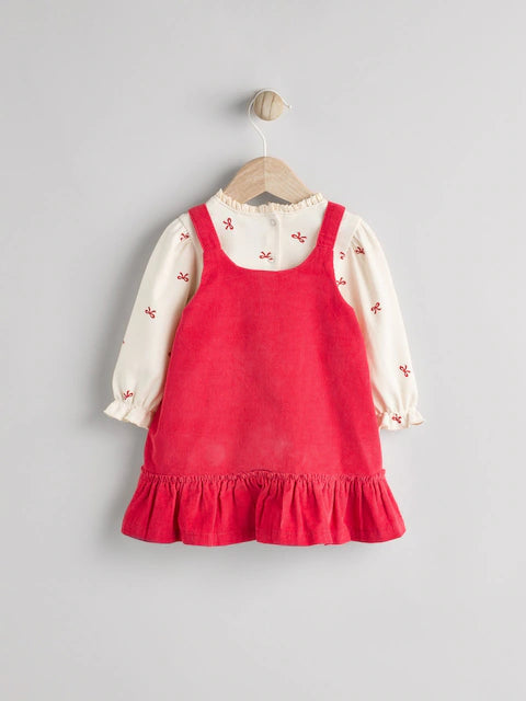 Red 3D Bow Baby Corduroy Pinafore Dress With Tights