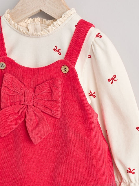 Red 3D Bow Baby Corduroy Pinafore Dress With Tights