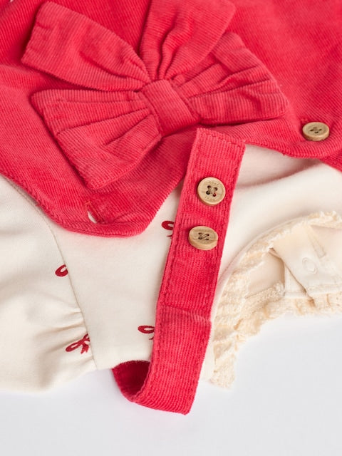 Red 3D Bow Baby Corduroy Pinafore Dress With Tights