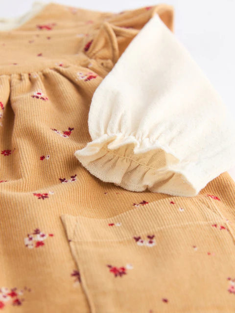 Ochre Yellow Ditsy Floral Baby Corduroy 100% Cotton Dungarees and Long Sleeve