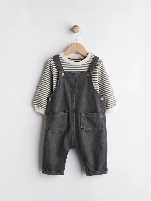 Black/Grey Baby Denim Dungarees and Bodysuit Set