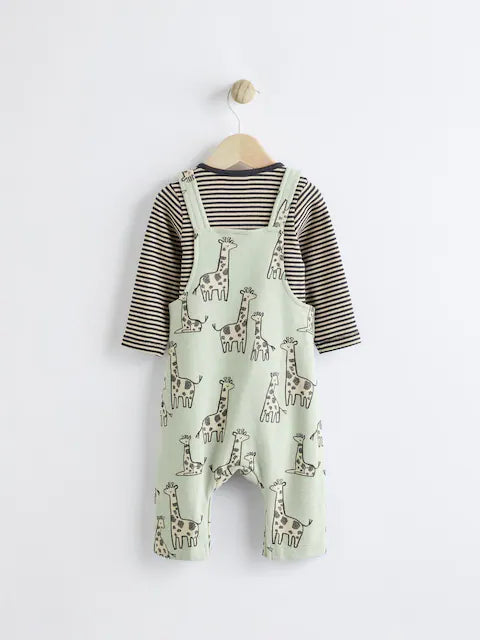 Sage Green Giraffe Jersey Baby Dungarees And Bodysuit Set