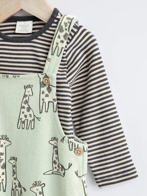 Sage Green Giraffe Jersey Baby Dungarees And Bodysuit Set