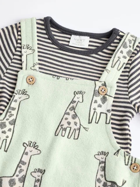 Sage Green Giraffe Jersey Baby Dungarees And Bodysuit Set