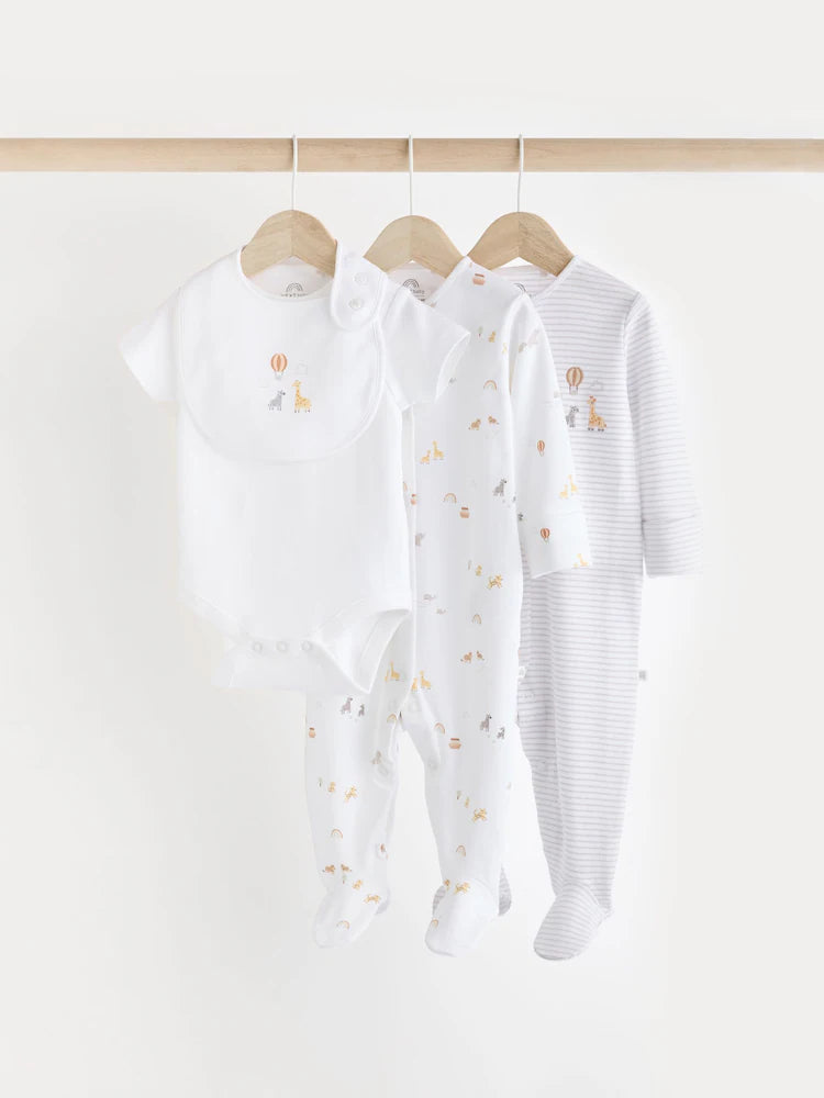 White Cotton 4 Pcs set Sleepsuits, Bodysuit, Bib.