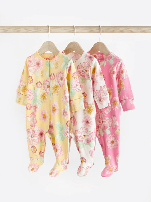 Yellow/Pink Floral Popper Baby Sleepsuits 3 Pack