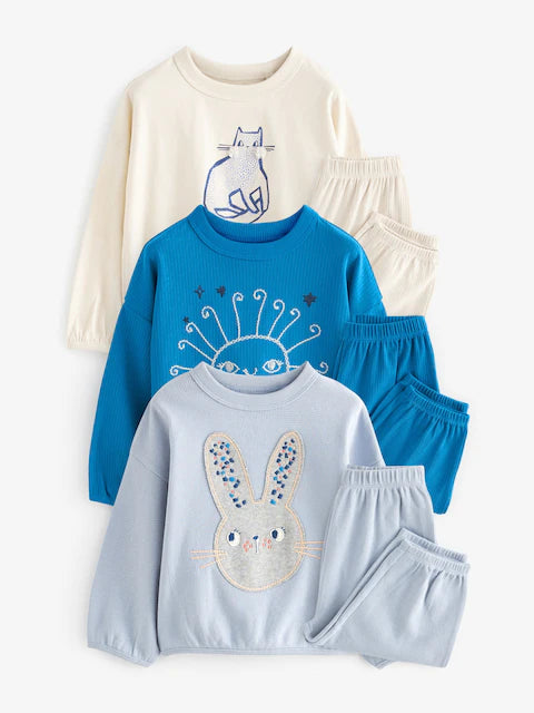 Blue/Cream Character Jogger Pyjamas 3 Pack