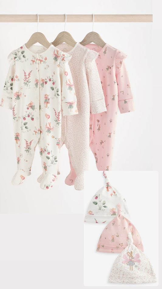 Pink Fairy Sleepsuit 3 Pack with Matching Hats Set
