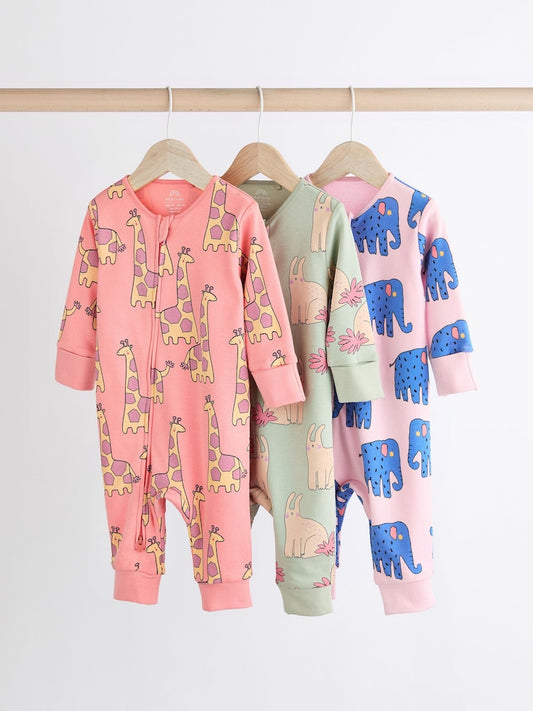 Pink/Peach Animals Zipper Footless  Sleepsuit 3 Pack