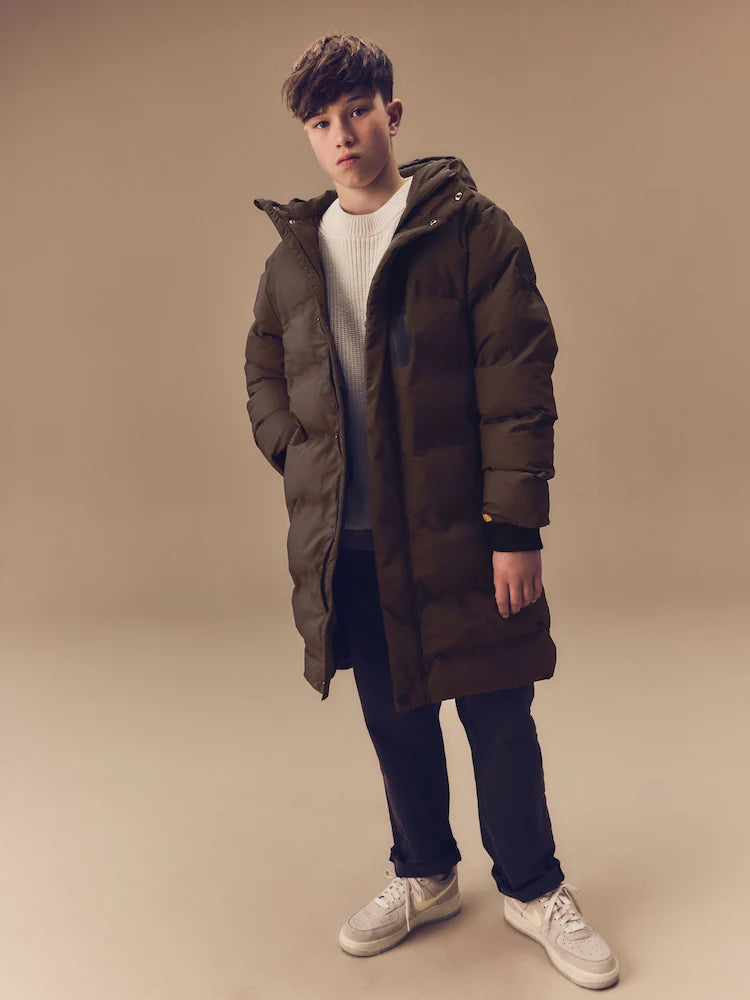 Brown Waterproof Longline Fleece Lined Puffer Coat