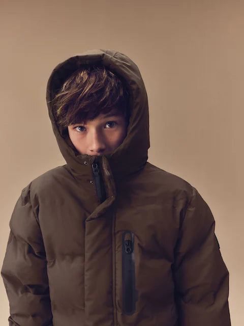 Brown Waterproof Longline Fleece Lined Puffer Coat