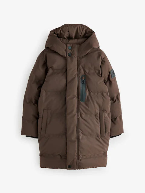Brown Waterproof Longline Fleece Lined Puffer Coat