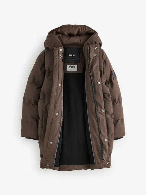 Brown Waterproof Longline Fleece Lined Puffer Coat
