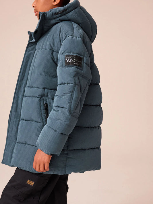 Teal Blue Utility Fleece Lined Hooded Padded Puffer Coat