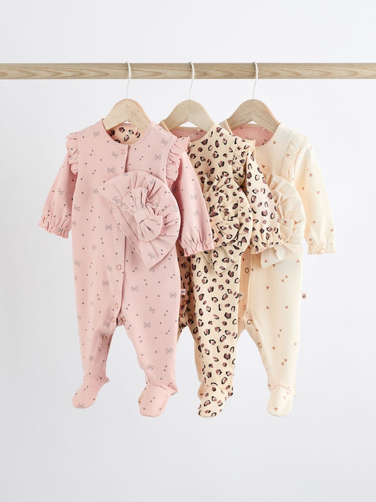 Pink Sleepsuits with Matching Turban 3 Pack