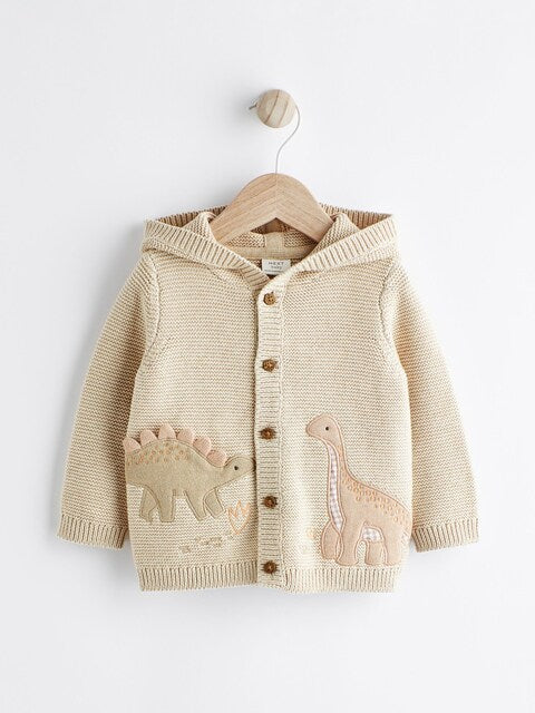 Cream Dinosaur Baby Knitted 100% Cotton Hooded Cardigan