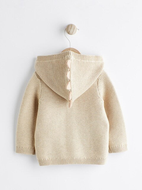 Cream Dinosaur Baby Knitted 100% Cotton Hooded Cardigan