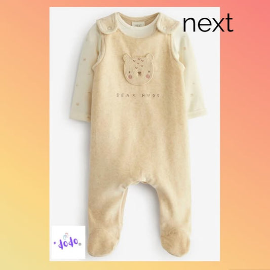 Neutral Velour Appliqués Dungarees & Bodysuit Set