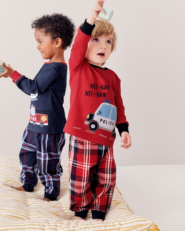 Navy Blue/ Red Emergency Transport Check Appliqué Pyjamas 2 Pack