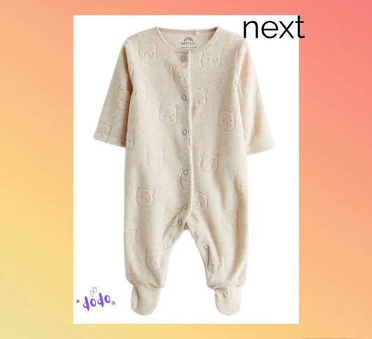 Oatmeal Bear Velour Sleepsuit