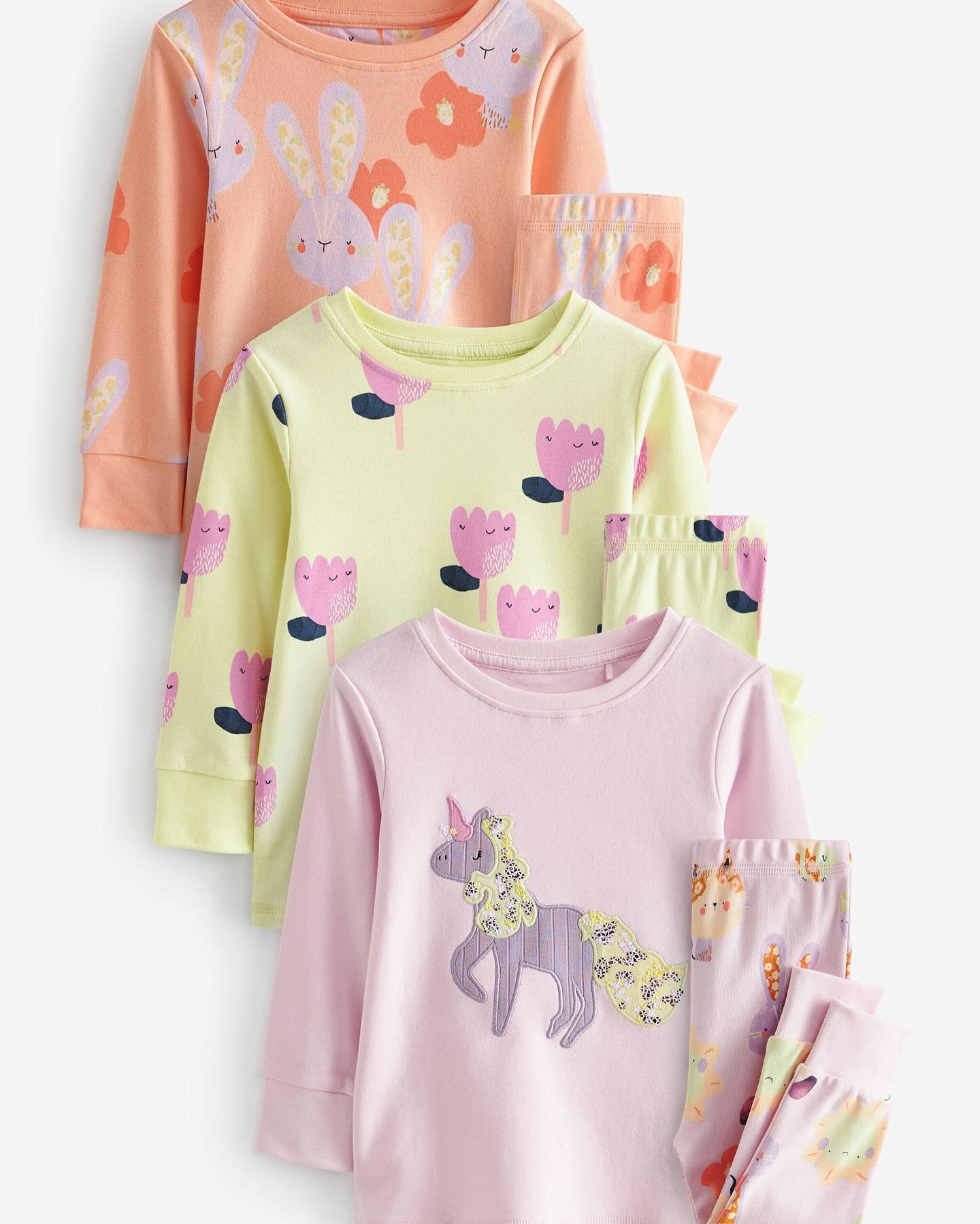 Next -Orange/ Green/ Purple Unicorn Appliqué Pyjamas 3 Pack