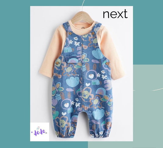 Denim Printed Dungarees & Bodysuit Set