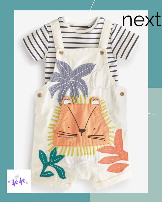 Cream Lion Denim Appliqué Dungarees & Bodysuit Set