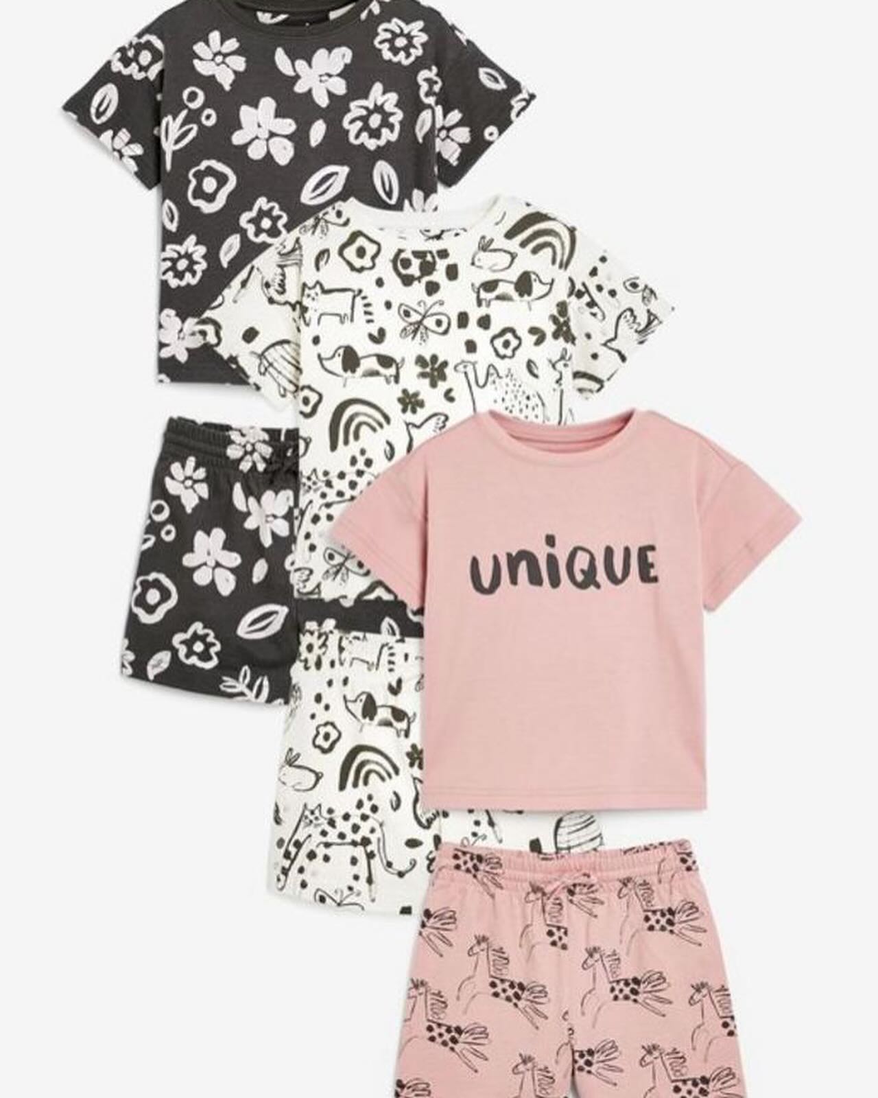 Monochrome/ Pink Character Shirt & Shorts 6 Pack Set