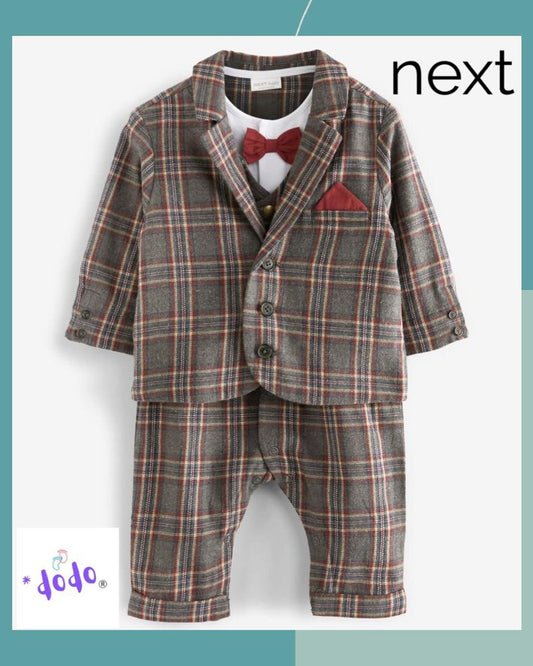 Check Sleepsuit, Waistcoat, Blazer with Bow Smart Occasion wear 4 Pc Set