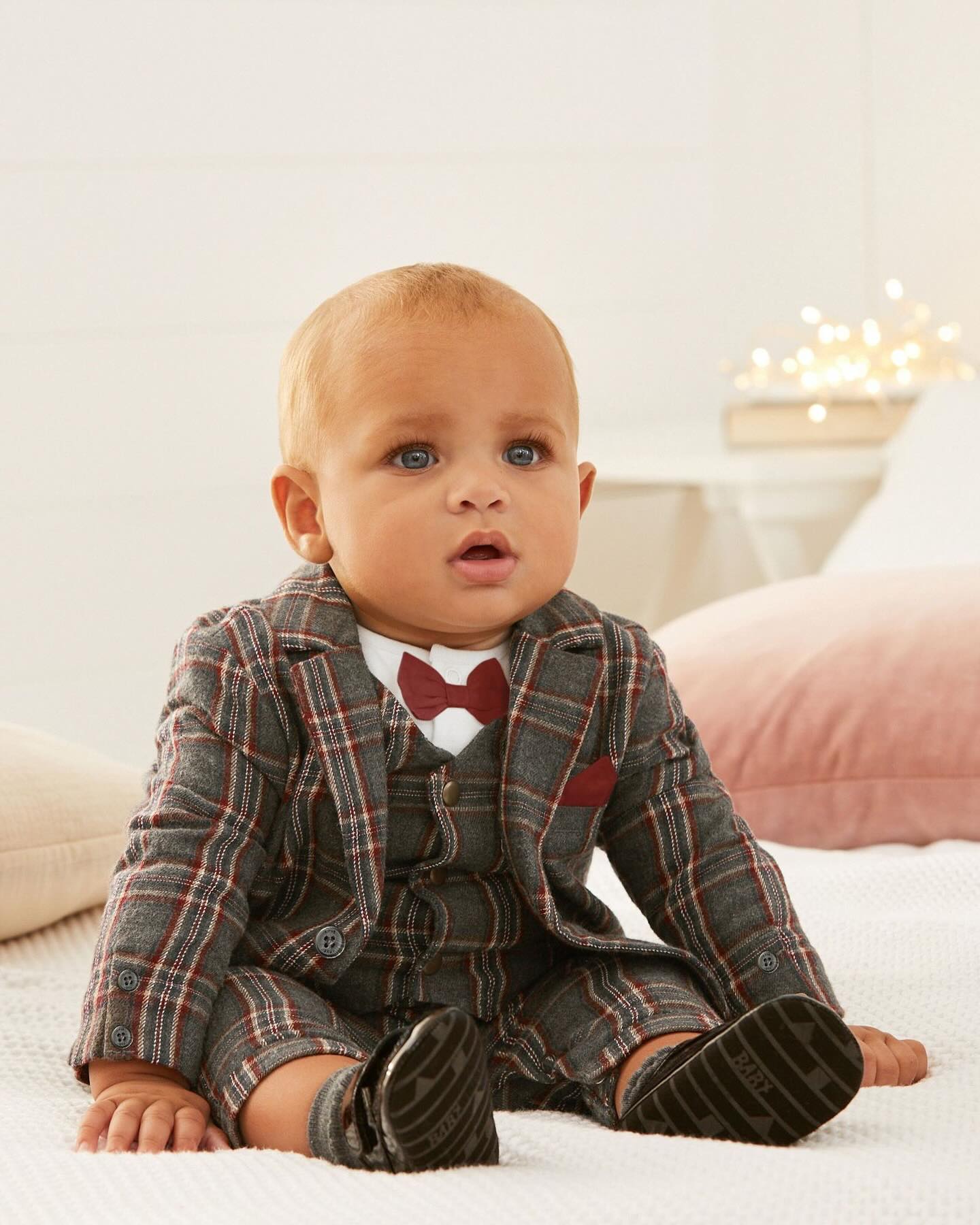 Check Sleepsuit, Waistcoat, Blazer with Bow Smart Occasion wear 4 Pc Set