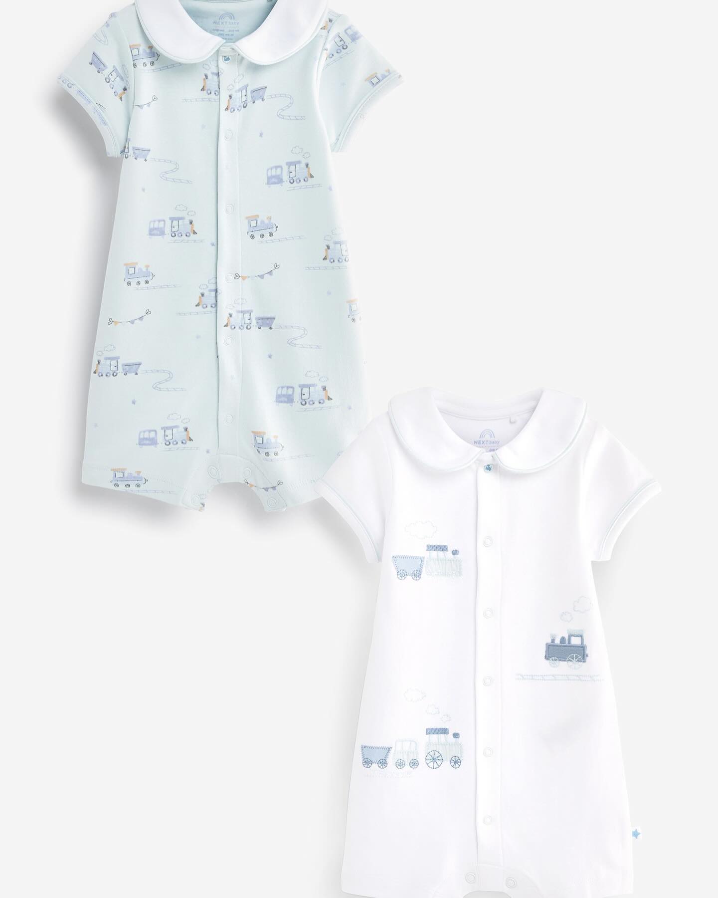 Blue/ White Appliqué Train Collared Rompers 2 Pack Set