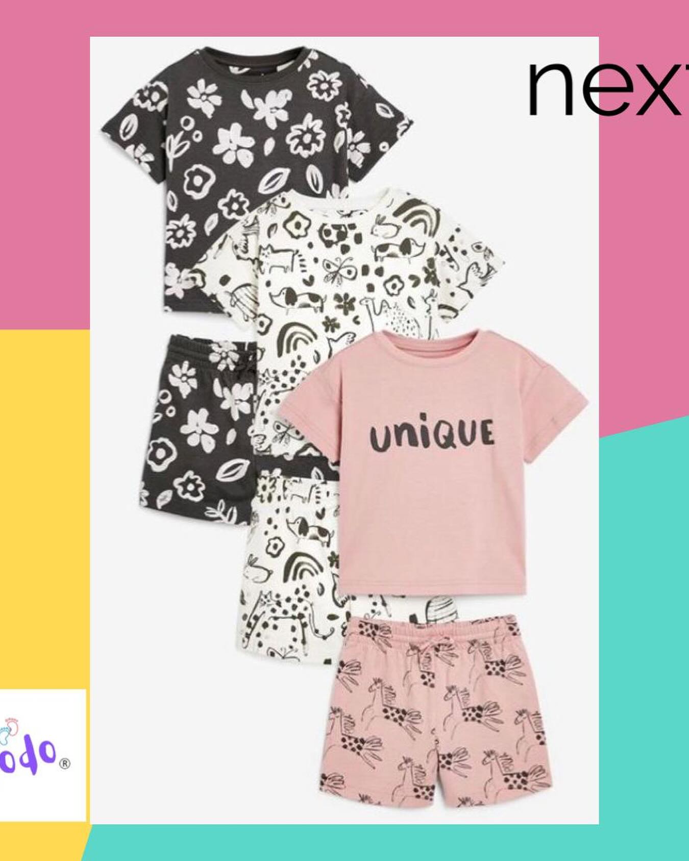 Monochrome/ Pink Character Shirt & Shorts 6 Pack Set