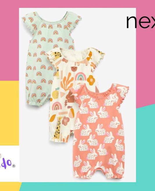 Pink/ Green Animal  Rompers 3 Pack Set