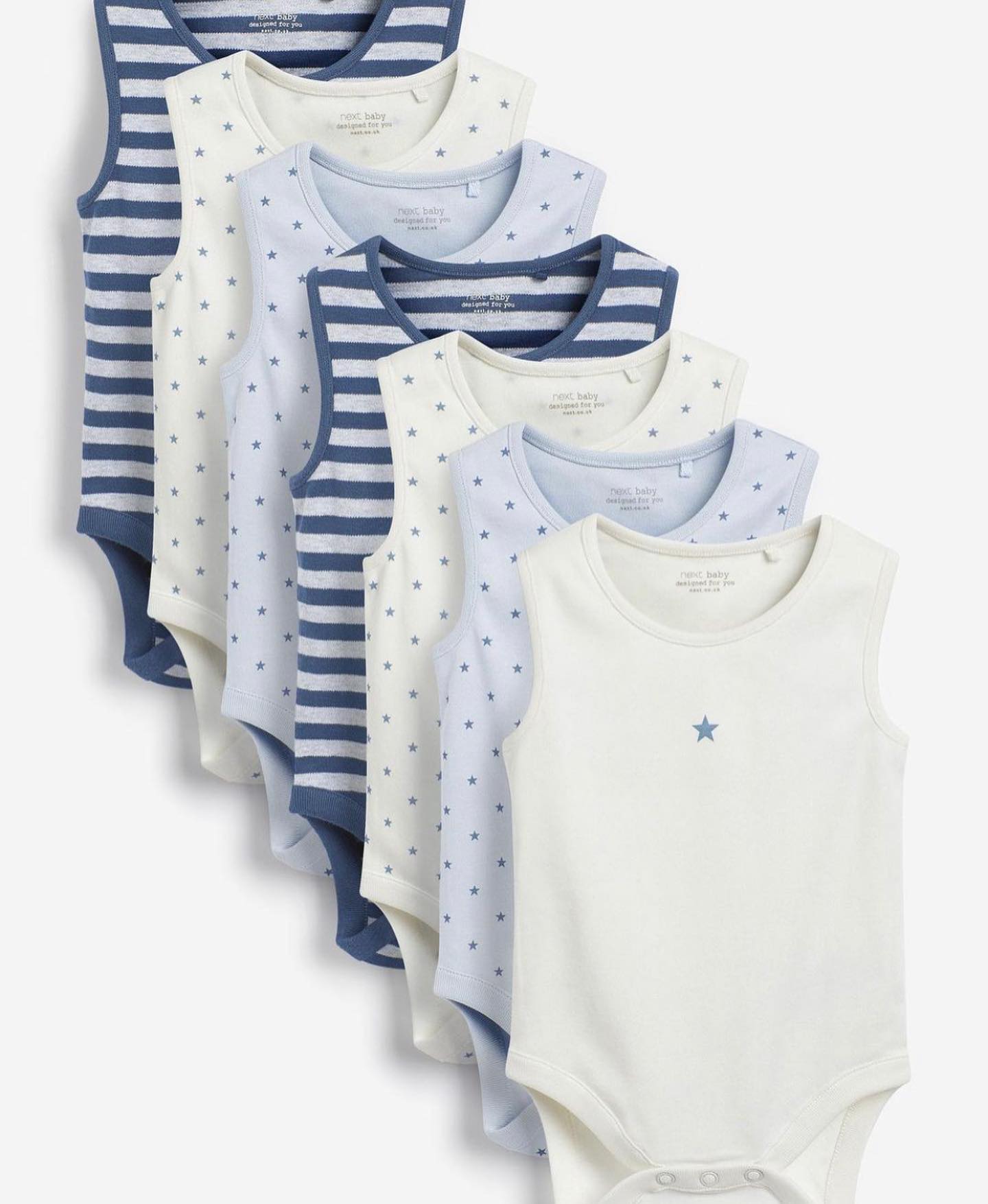 White/ Blue Vest Bodysuits 7 Pack Set