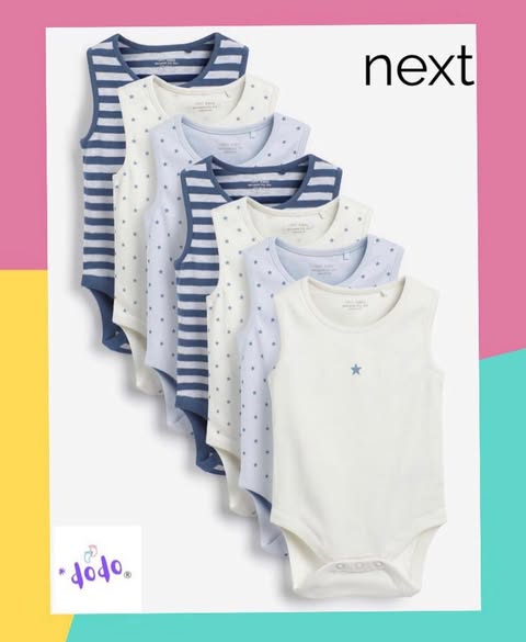 White/ Blue Vest Bodysuits 7 Pack Set