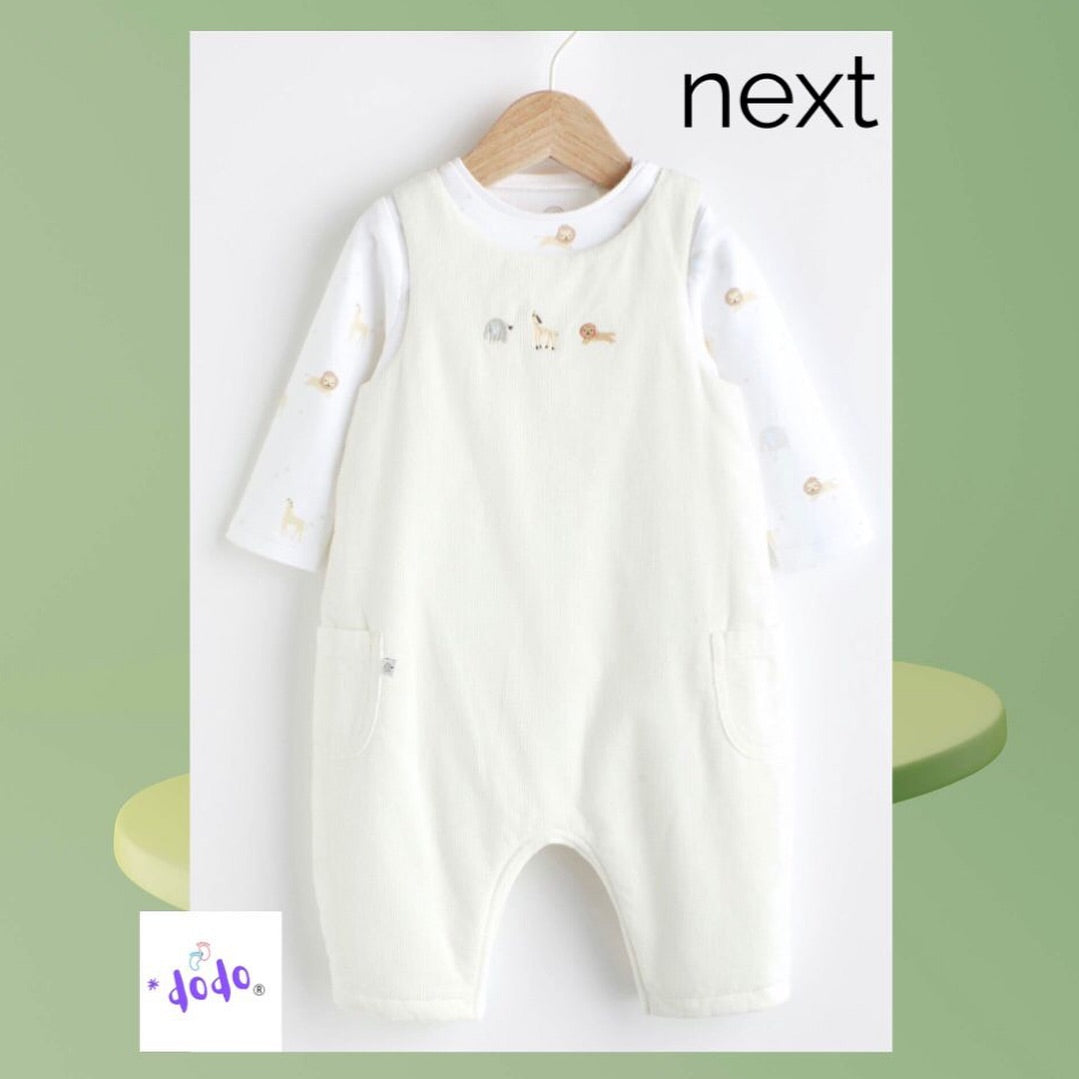 White Corduroy Applique Dungaree & bodysuit set.