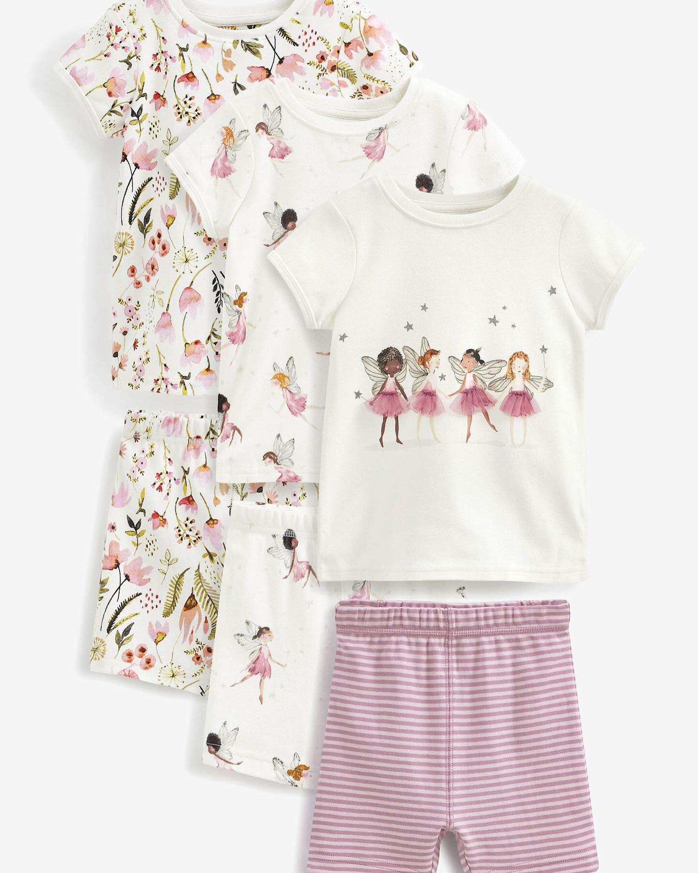 White/ Pink Fairy Appliqués Shirt & Shorts 6 Pack Set