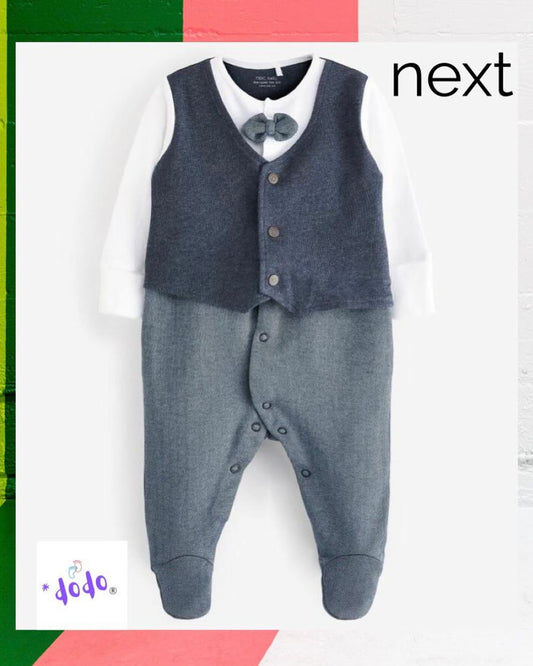 Navy Blue Sleepsuit, Mock Waistcoat with Bow Smart Occassionwear