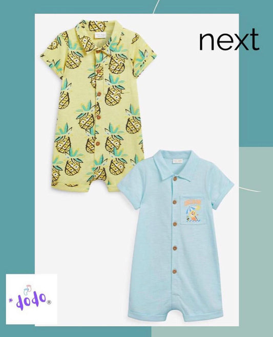 Blue/Green Pineapple Collared Romper 2 Pack Set