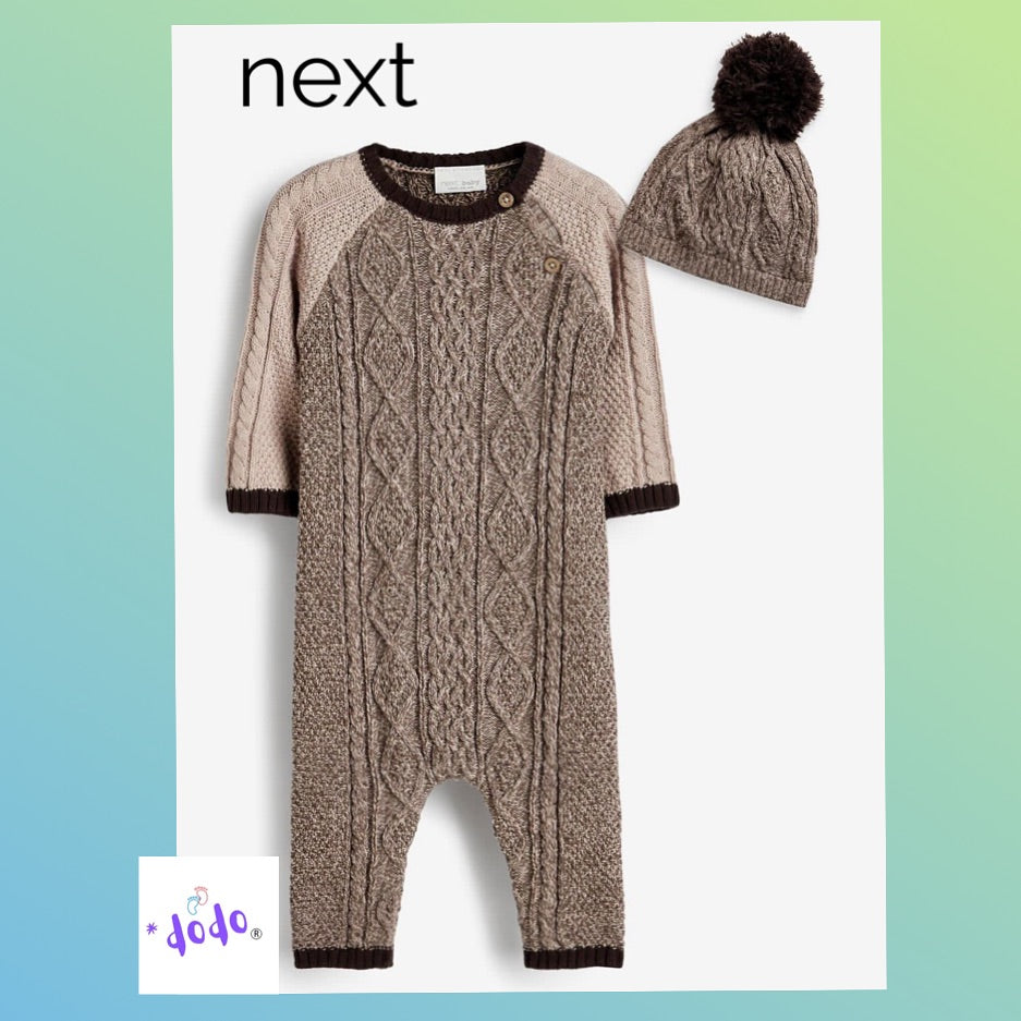 Brown Knitted Romper & Hat Set